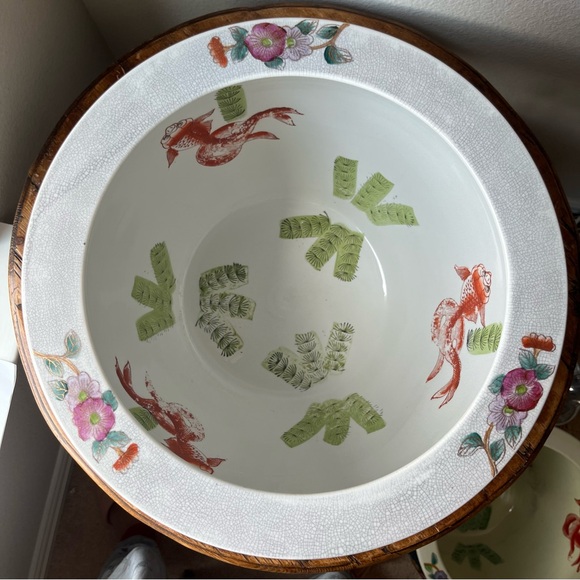 Vintage Chinoiserie Large Porcelain Koi Fish Planter Bowl Cachepot - Picture 6 of 11